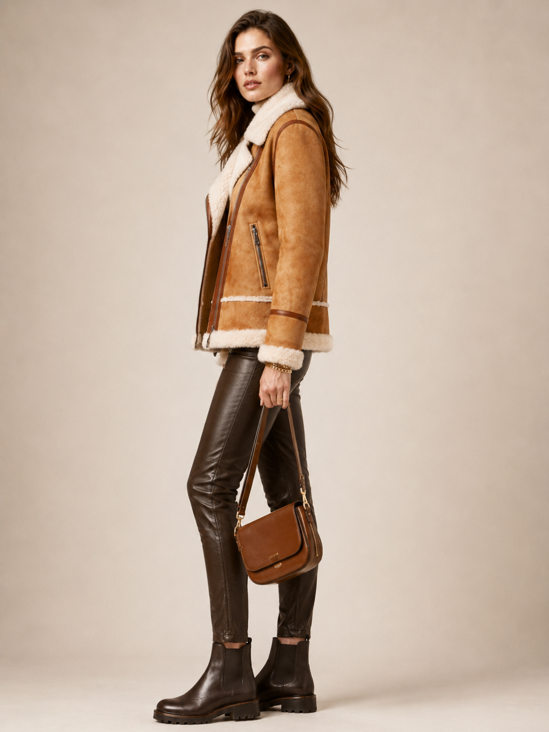 Exklusive Lammfelljacke „Biker-/Aviator-Stil“ Beige