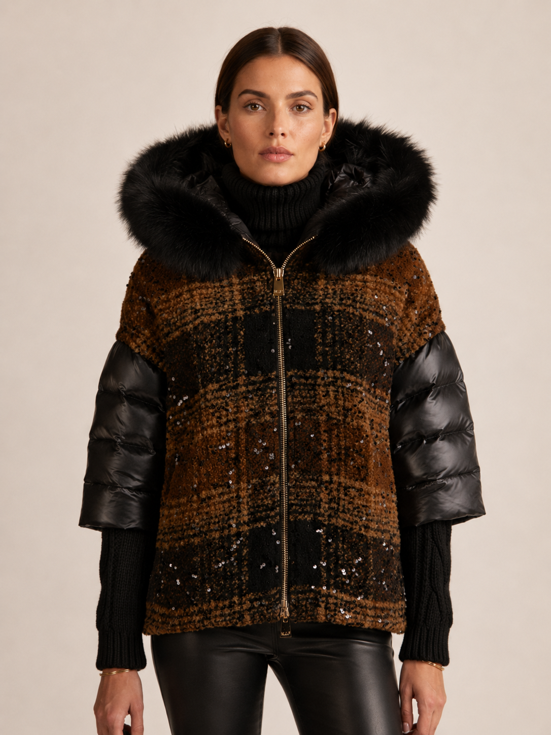 Winter Statement-Daunenjacke „Pailletten“ Braun | Schwarz