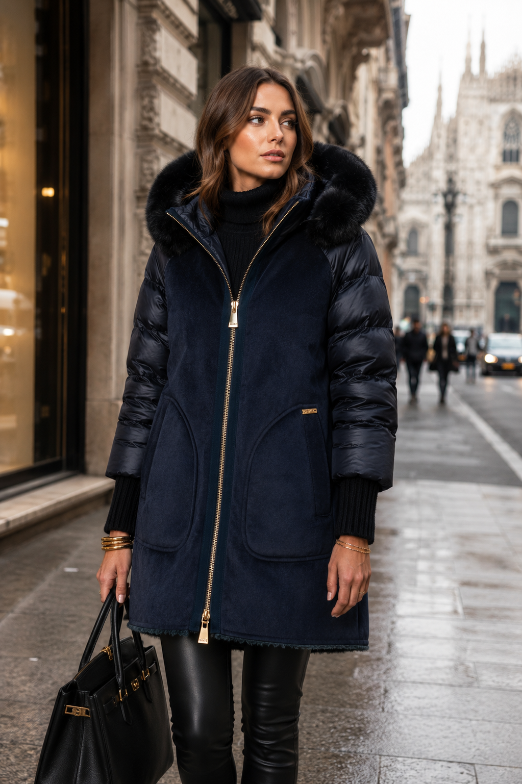 MDF Marco Del Forte Urbane Daunenmantel Velours-Optik Dunkelblau - Outfit-Inspiration
