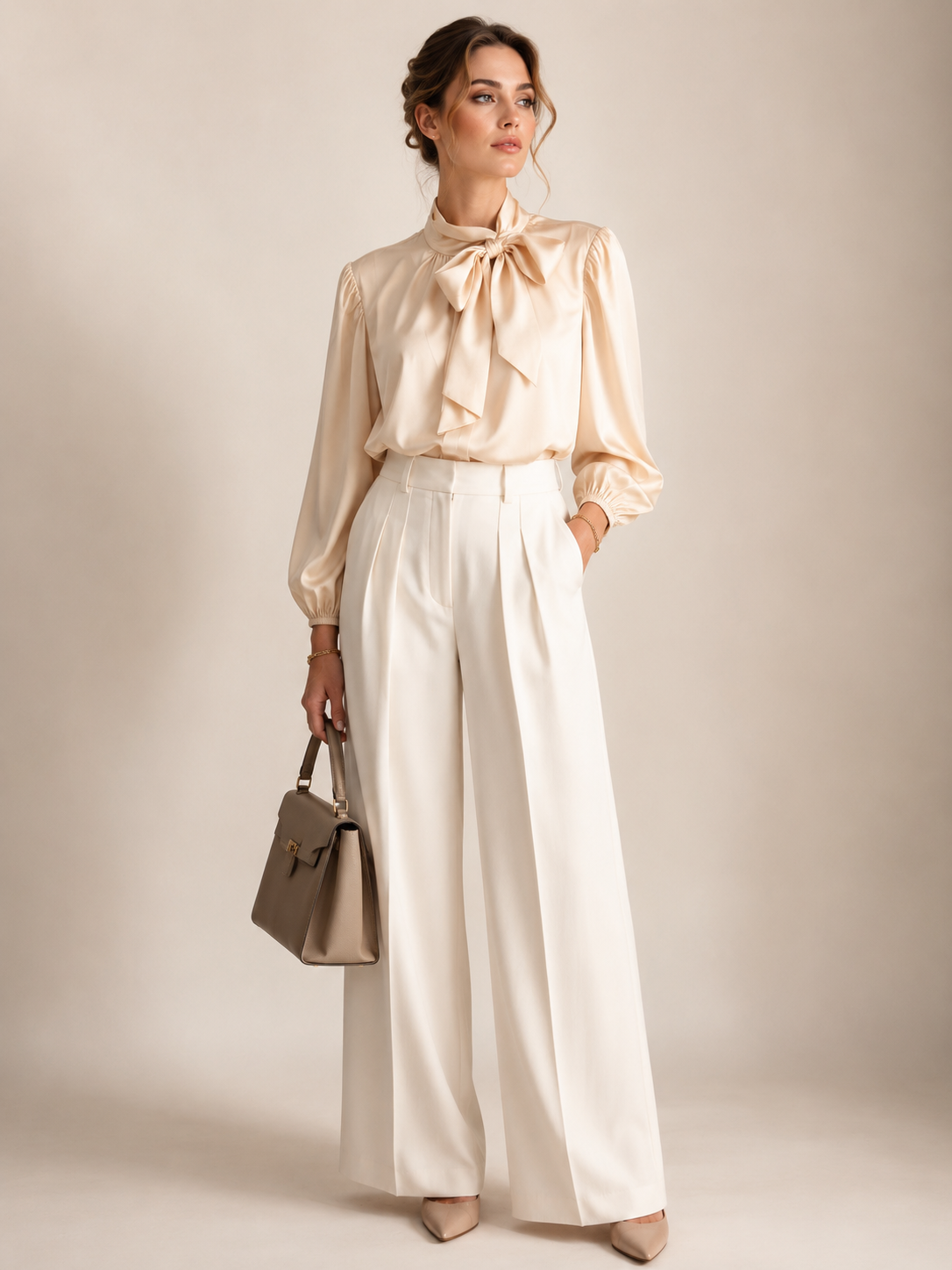 Schluppenbluse „Liana Schleife“ Beige