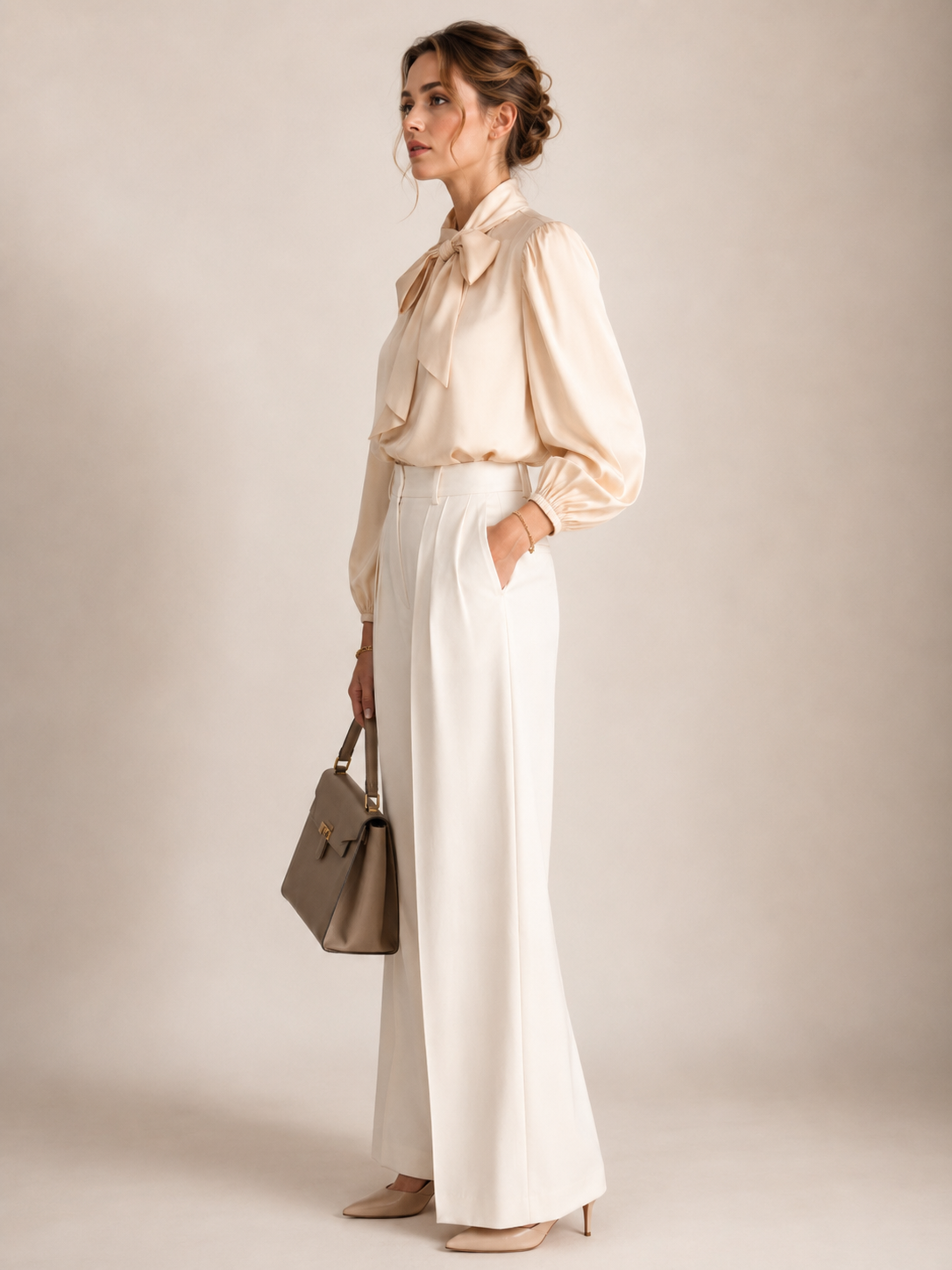Schluppenbluse „Liana Schleife“ Beige