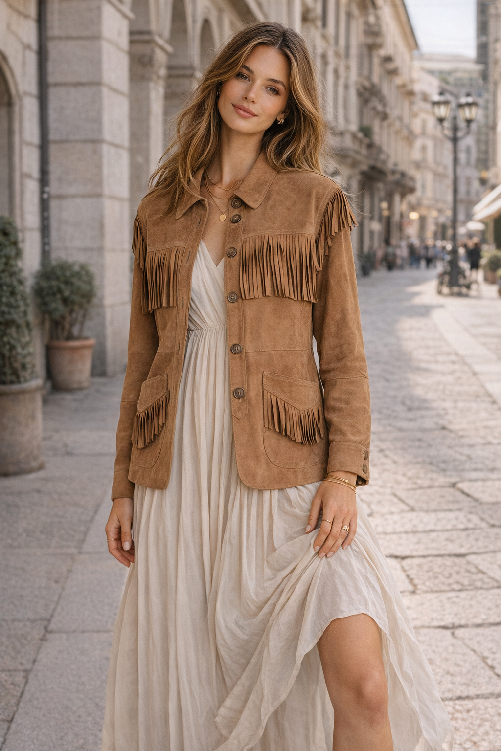 Wildlederjacke „Fransen“ Braun/Cognac