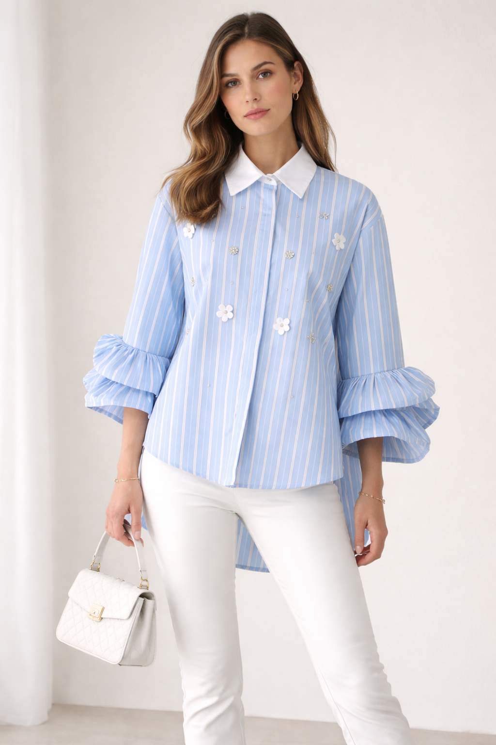 Statement-Bluse Hellblau | Weiß