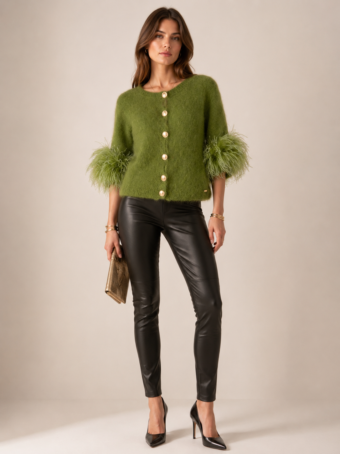Statement-Strickjacke „Federbesatz“ Grün