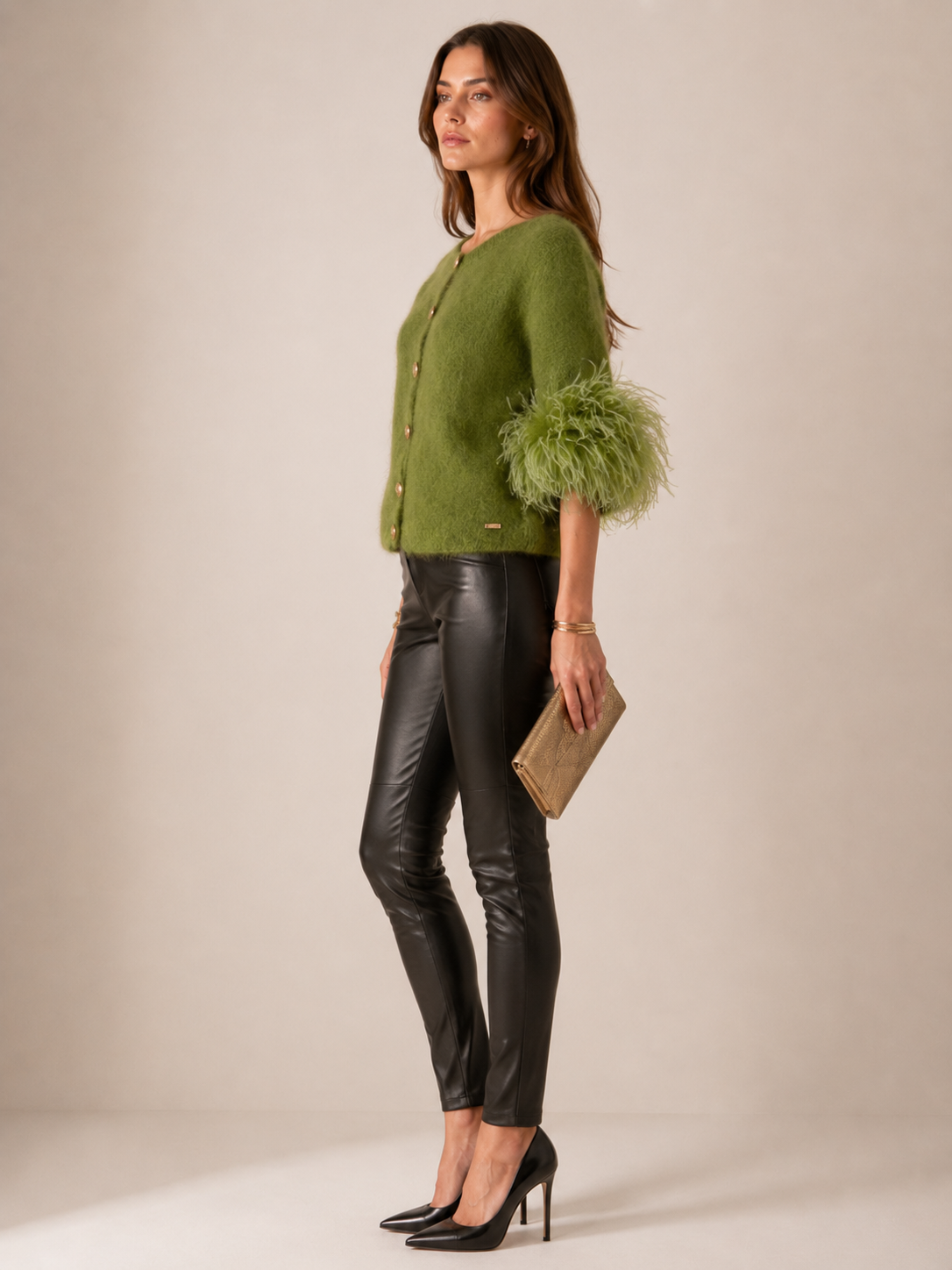 Statement-Strickjacke „Federbesatz“ Grün