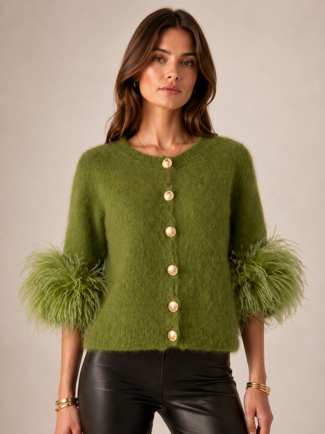Statement-Strickjacke „Federbesatz“ Grün