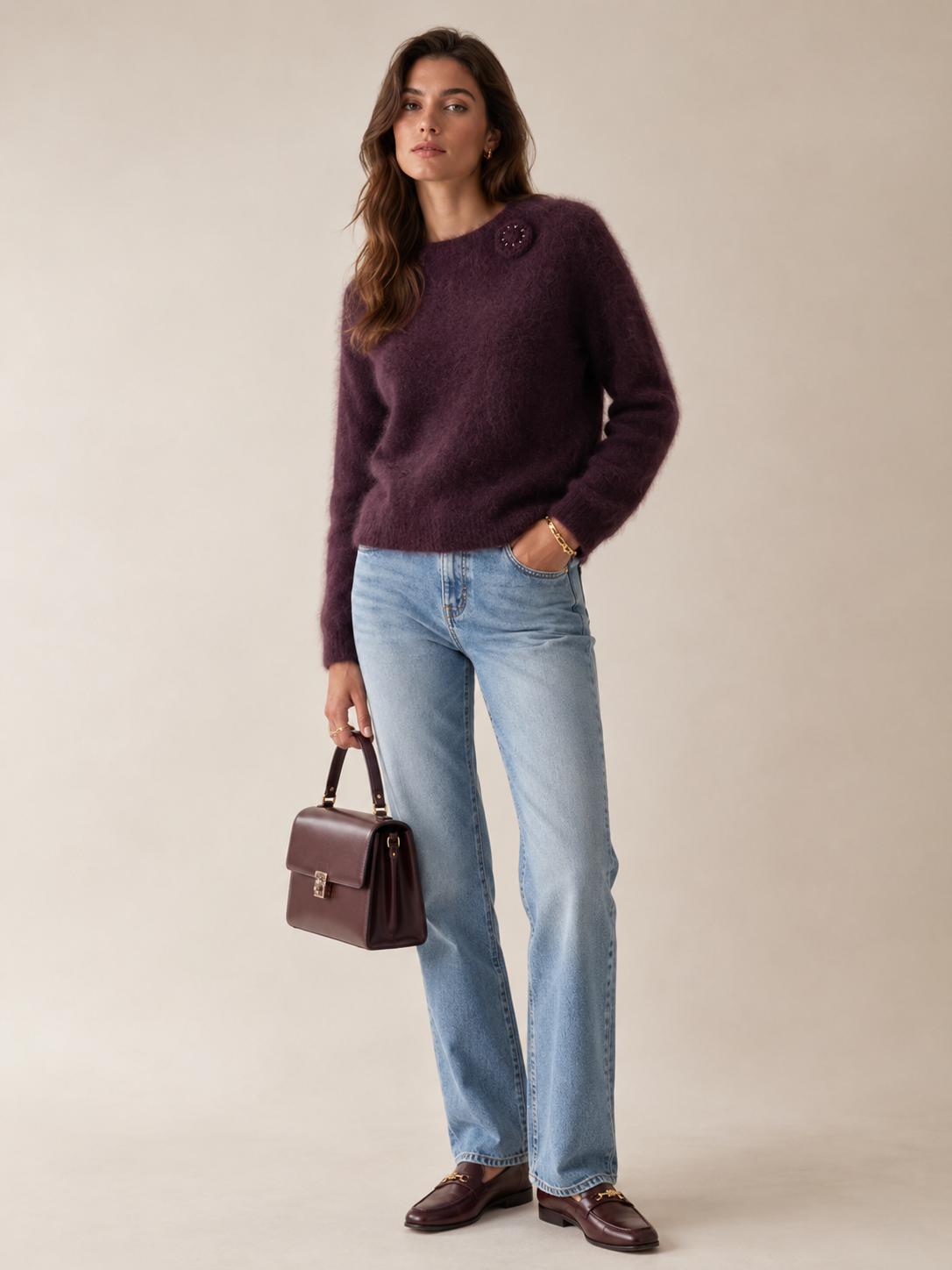 Kaschmir-Pullover „Fluff-Textur“ Barolo / Tiefes Weinrot