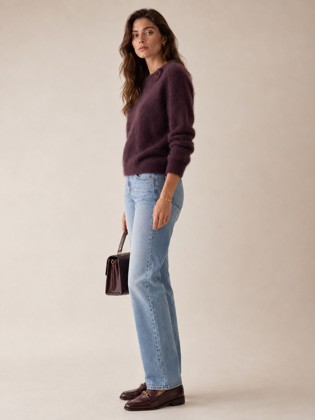 Kaschmir-Pullover „Fluff-Textur“ Barolo / Tiefes Weinrot