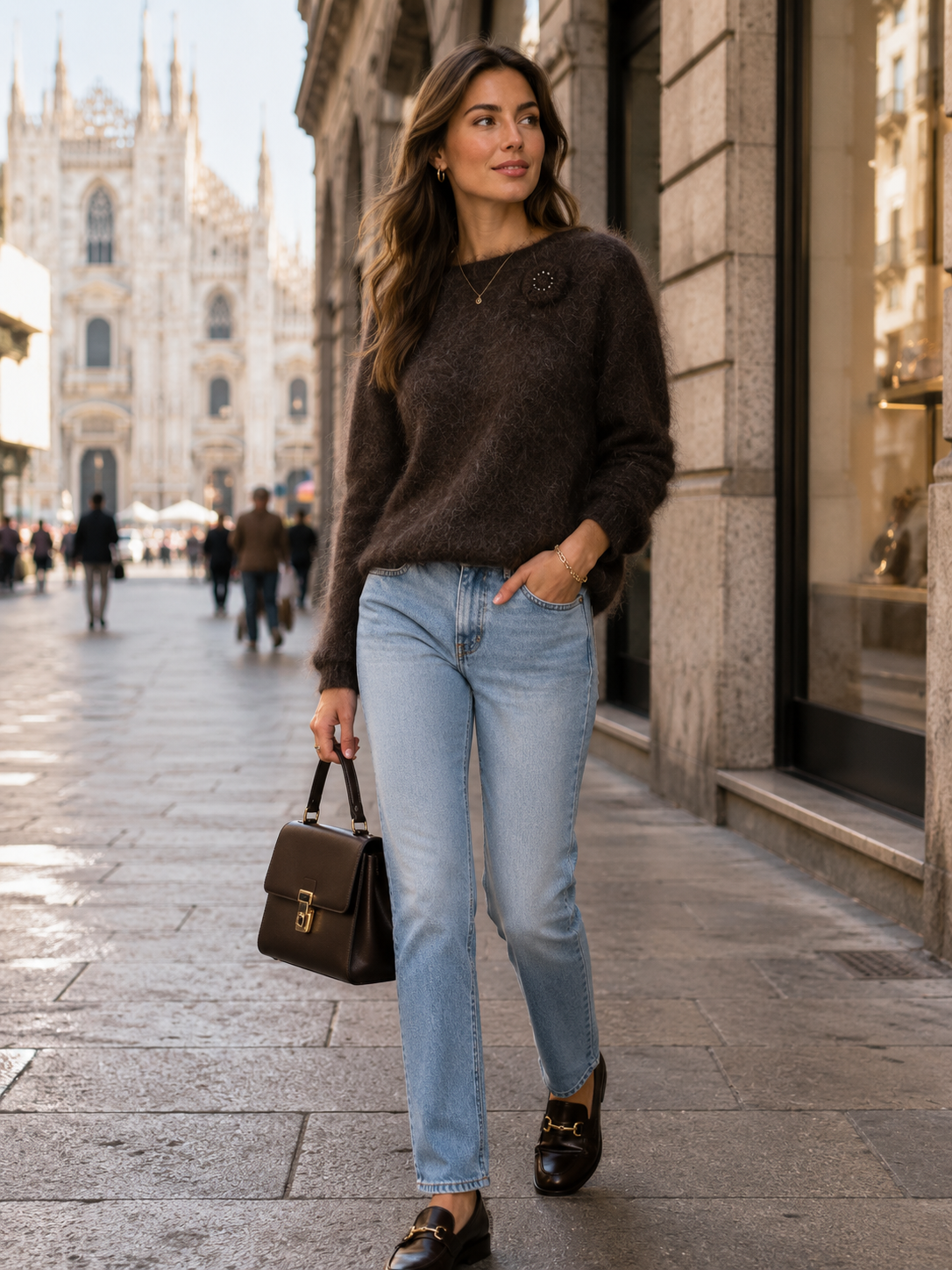Kaschmir-Pullover „Fluff-Textur“ Schokobraun