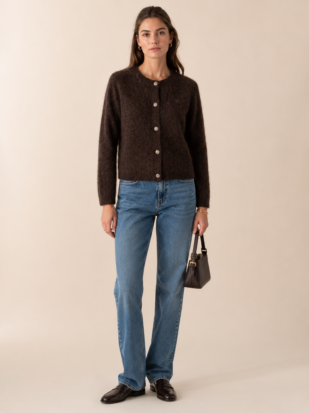Flauschige Kaschmir-Strickjacke „Schmuckknöpfe“ Schokobraun