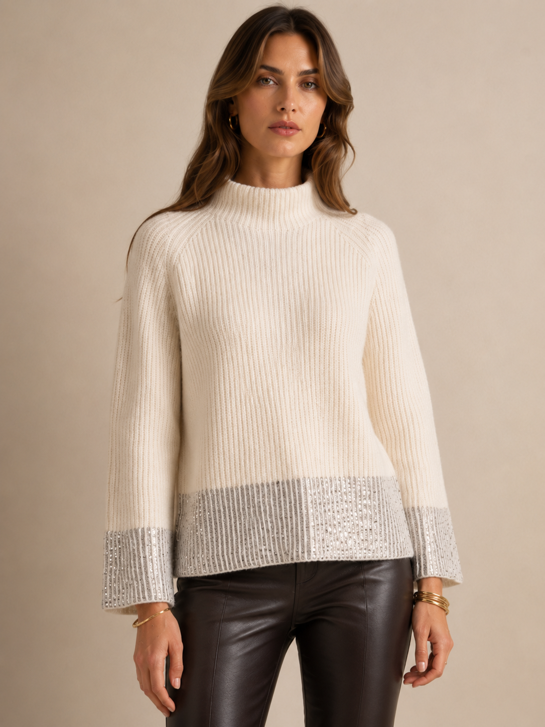 Luxuriöser Pailletten-Pullover Offwhite