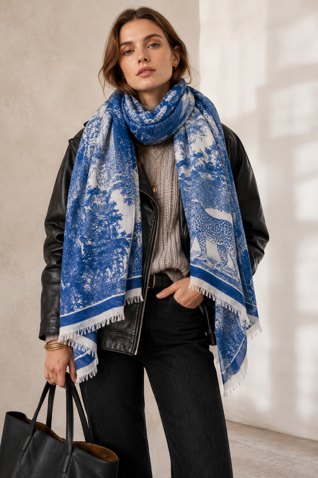 Blossom & Co. Kaschmir-Schal Toile-de-Jouy Wald-Motiv Creme Blau - Textur & Detail