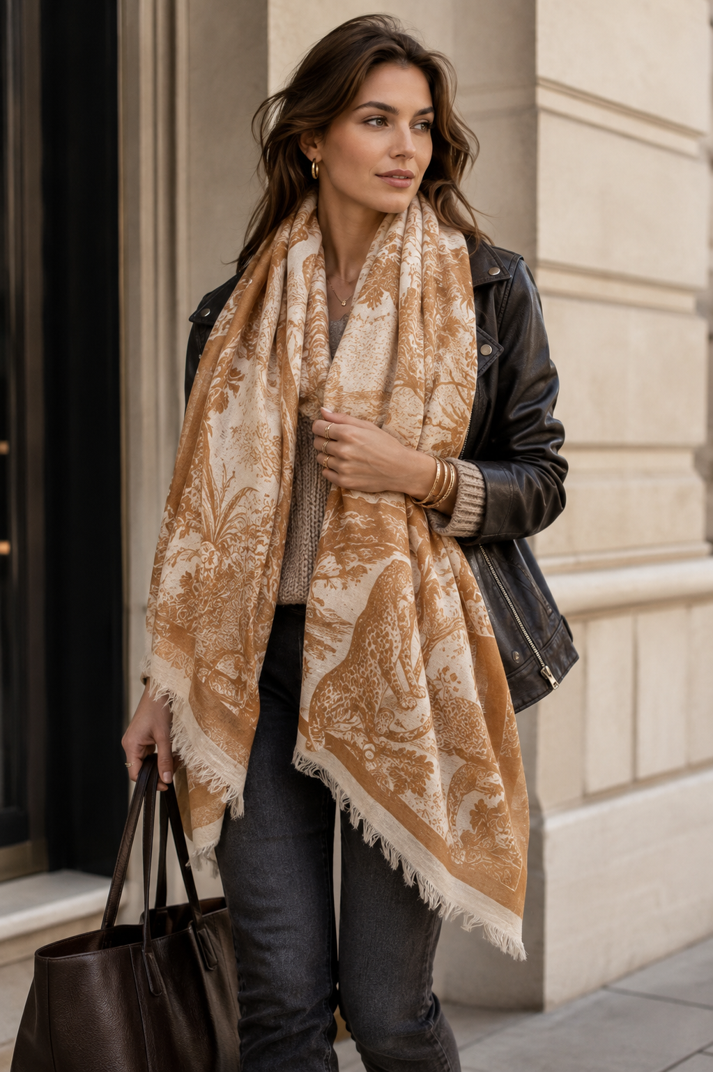 Blossom & Co. Kaschmir-Schal Toile-de-Jouy Wald-Motiv Creme Camel - Lookbook-Impression