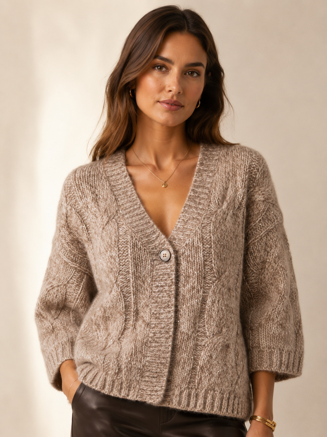 Pailletten-Strickjacke „Glamour“ Melange Taupe