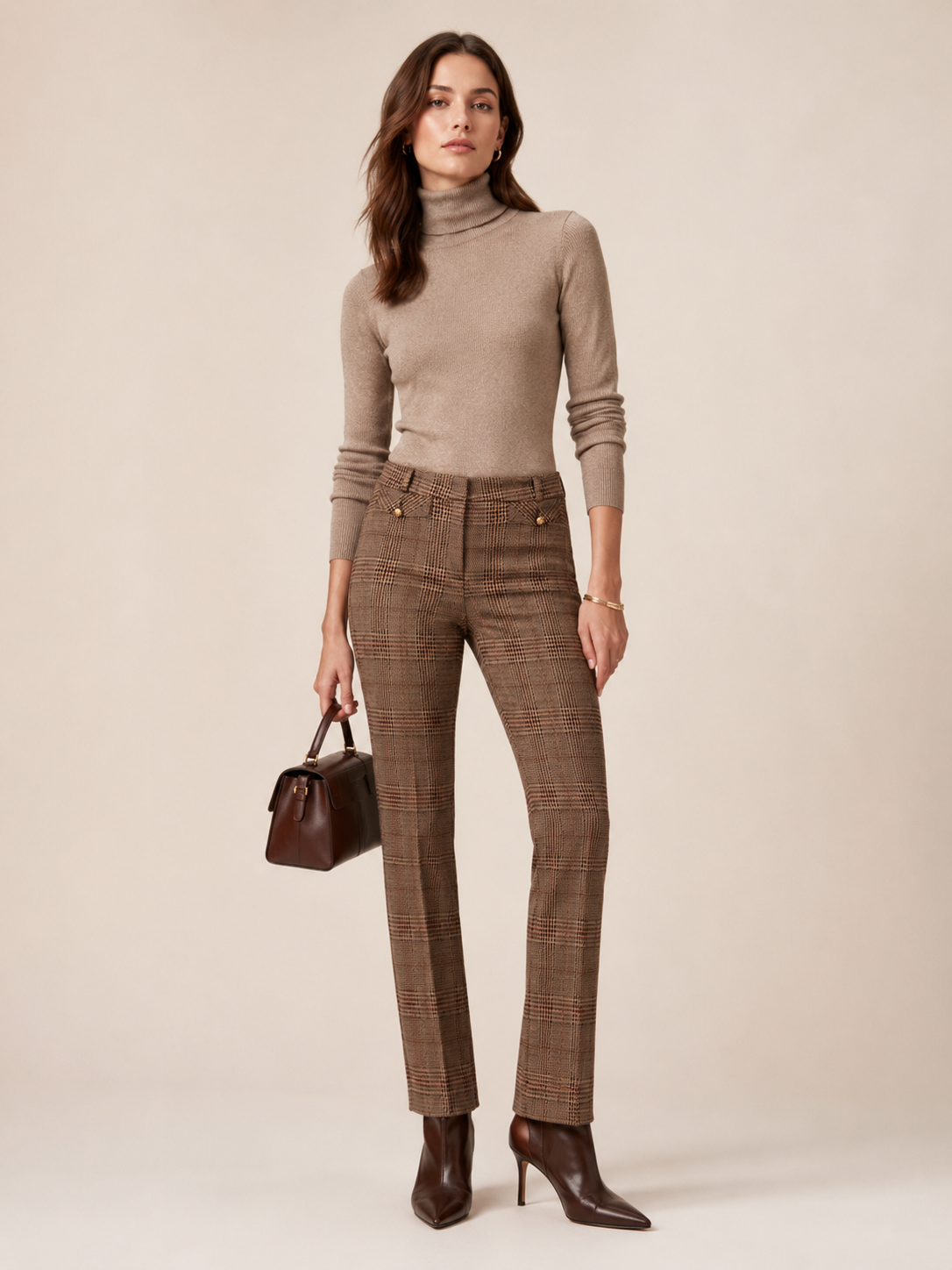Cambio Moderner Twist Die Karohose Fleur Cropped Beige Schwarz Barolo - Editorial-Ansicht
