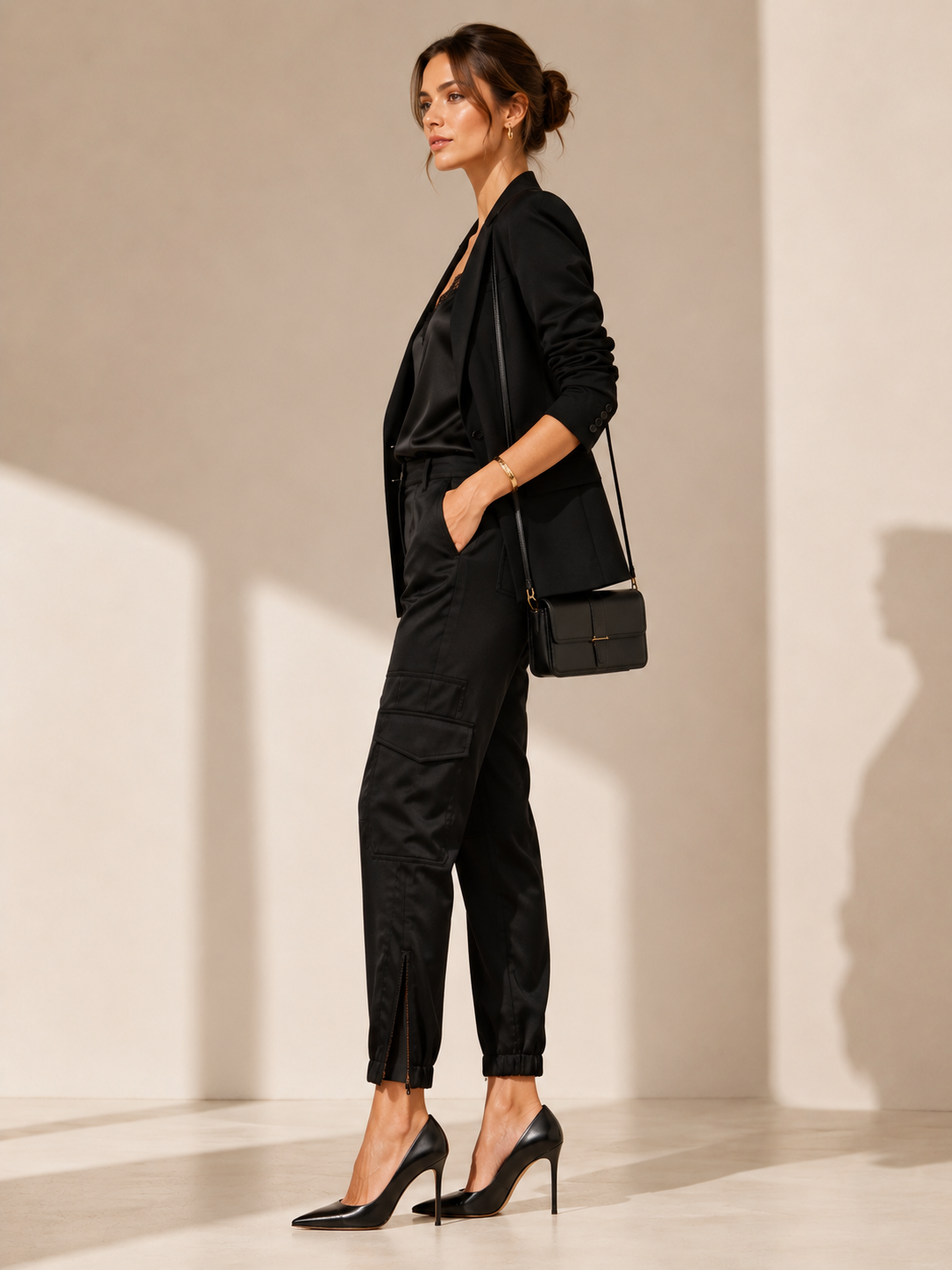 Satin-Cargo-Pants „Karo“ Schwarz