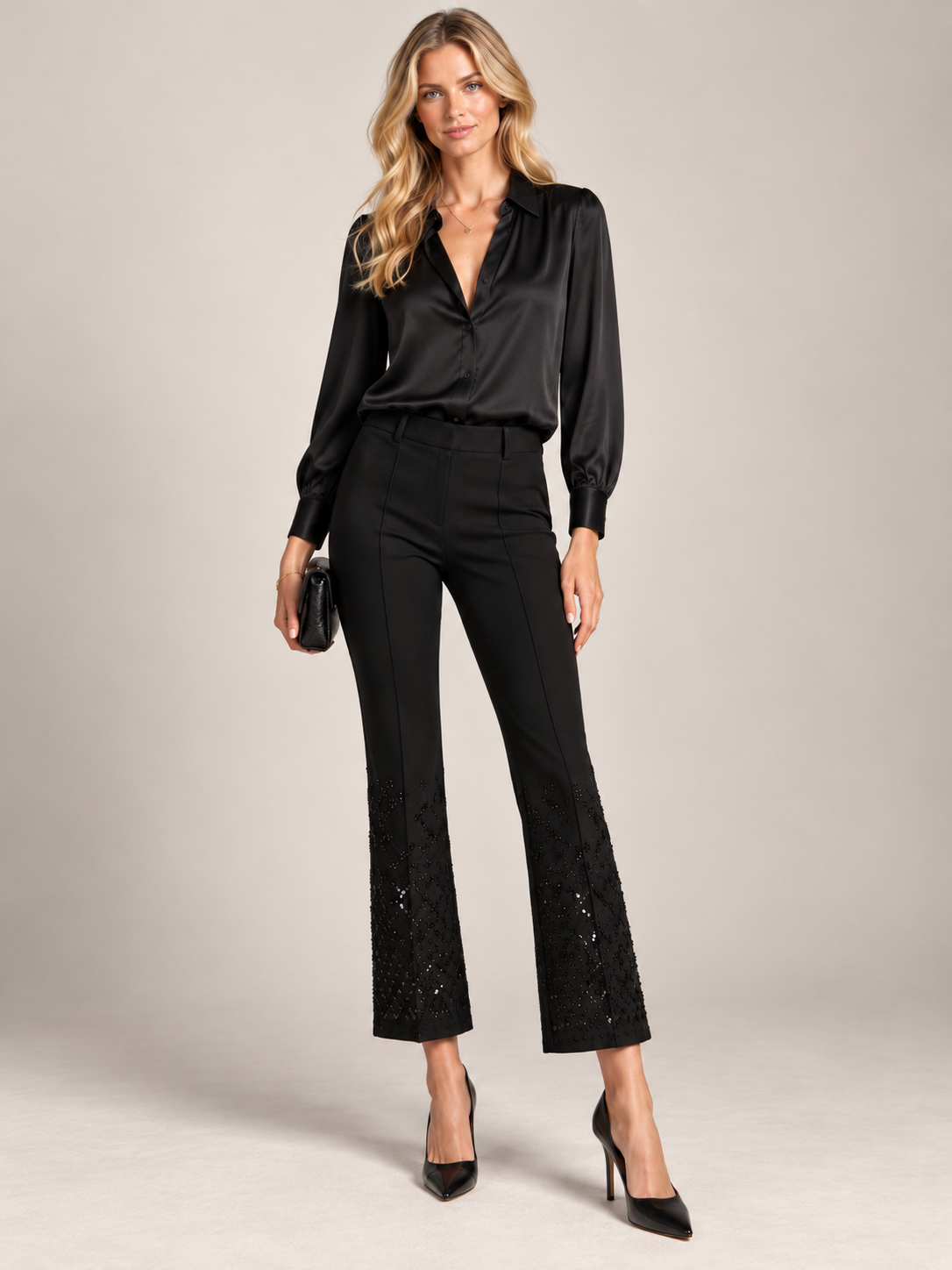 CAMBIO / Die Statement-Hose „Francoise Cropped | Glamouröse Akzente“ Schwarz / Frontansicht