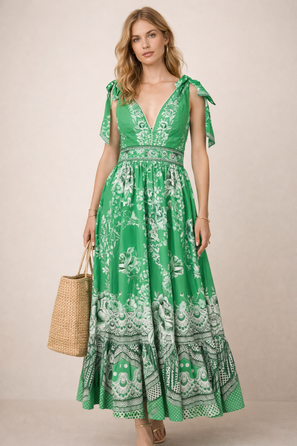 Maxi-Kleid „Floral“ Grün | Weiß