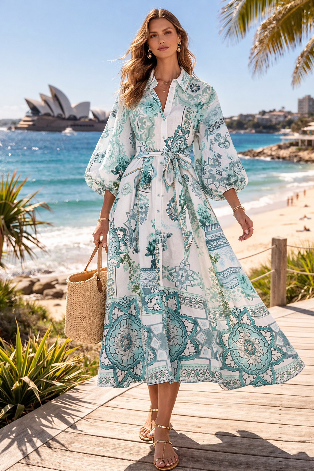 Maxikleid „Ornament“ Weiß | Grün