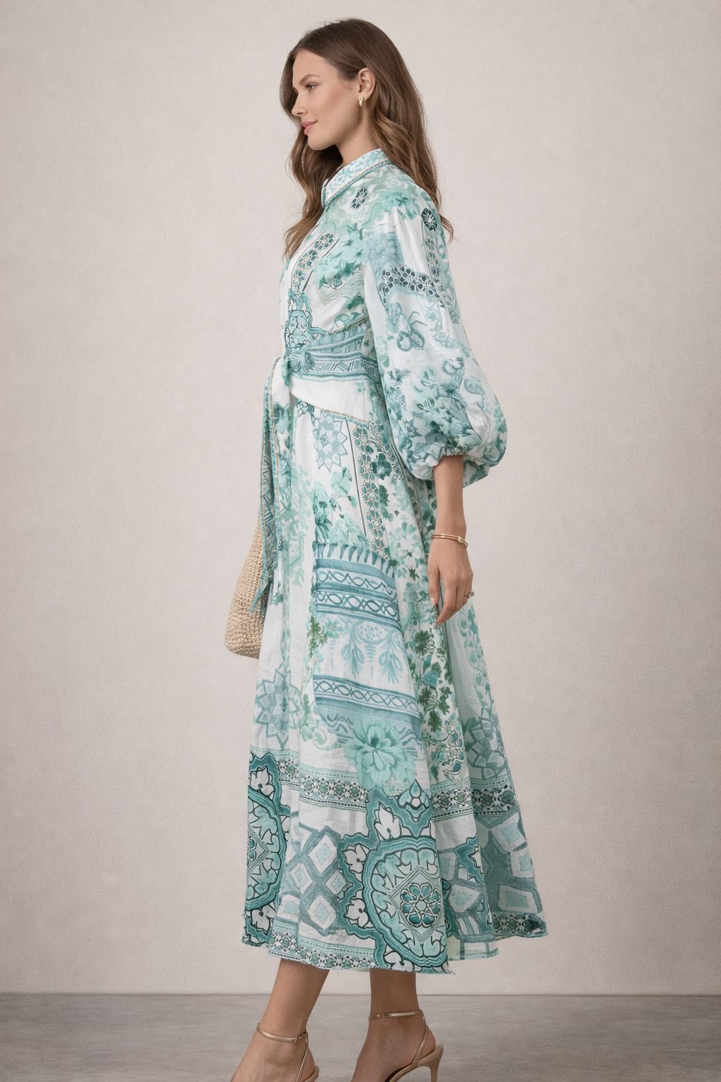 Maxikleid „Ornament“ Weiß | Grün