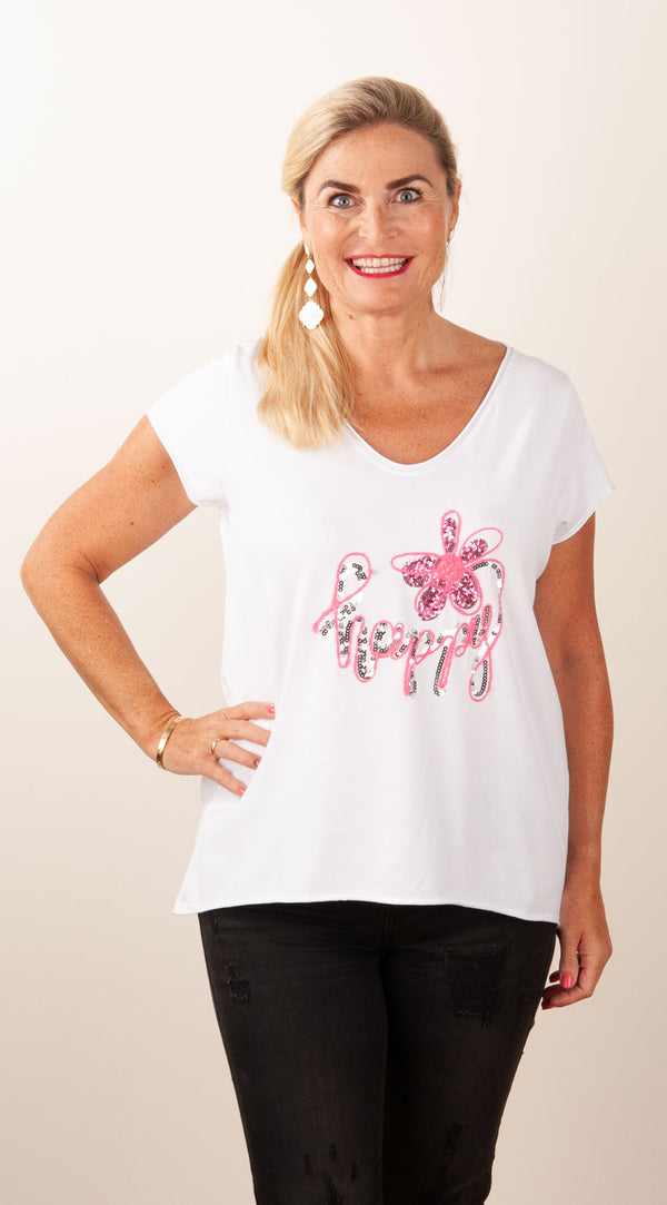 T-Shirt „Happy“ Weiß | Pink