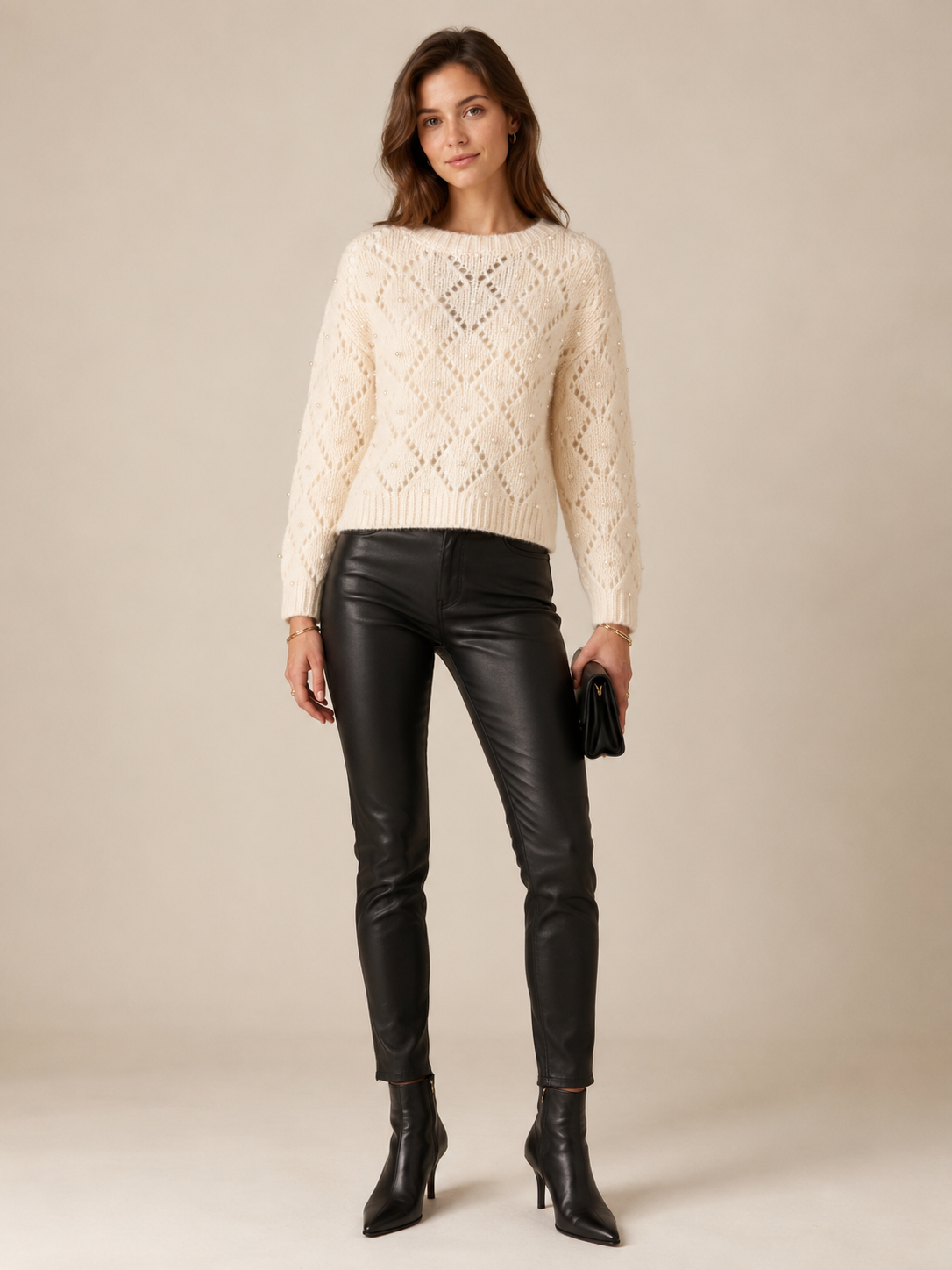 Statement-Pullover „Perlen | Rauten-Ajourmuster“ Creme