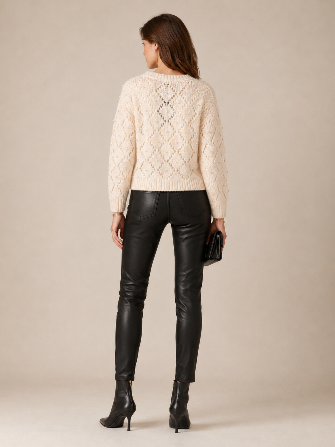 Statement-Pullover „Perlen | Rauten-Ajourmuster“ Creme