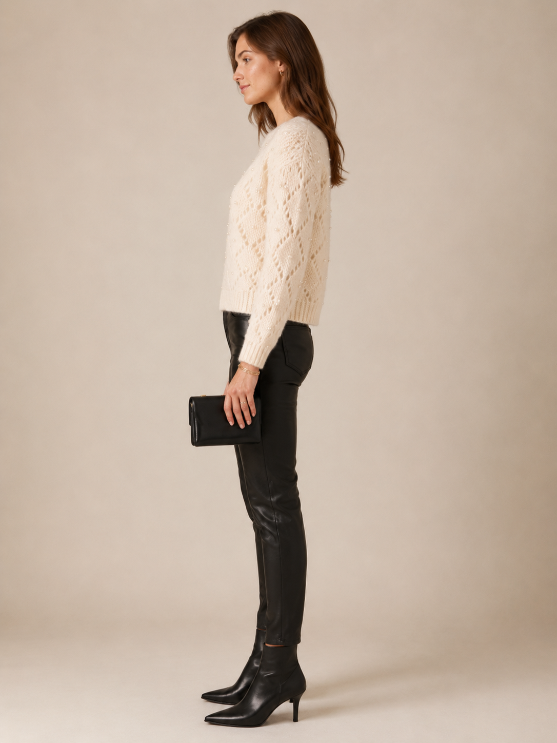 Statement-Pullover „Perlen | Rauten-Ajourmuster“ Creme