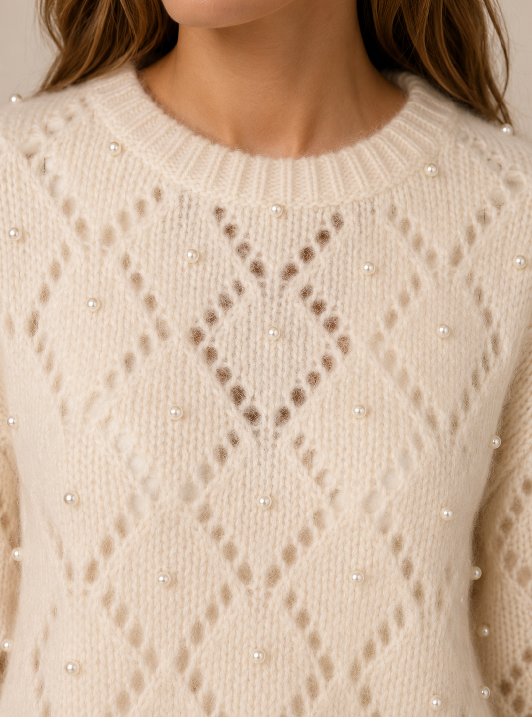 Statement-Pullover „Perlen | Rauten-Ajourmuster“ Creme