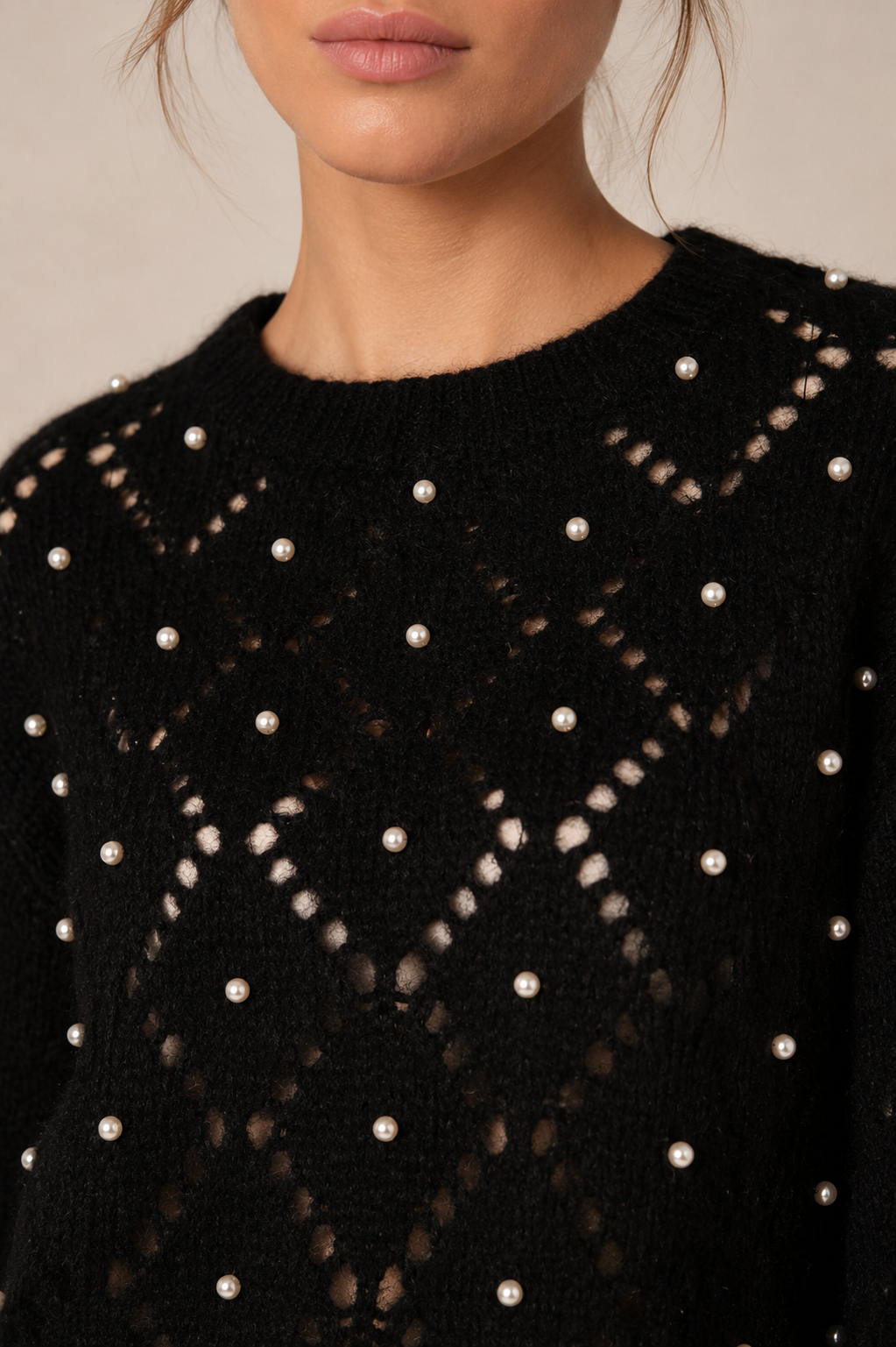 Statement-Pullover „Perlen | Rauten-Ajourmuster“ Schwarz