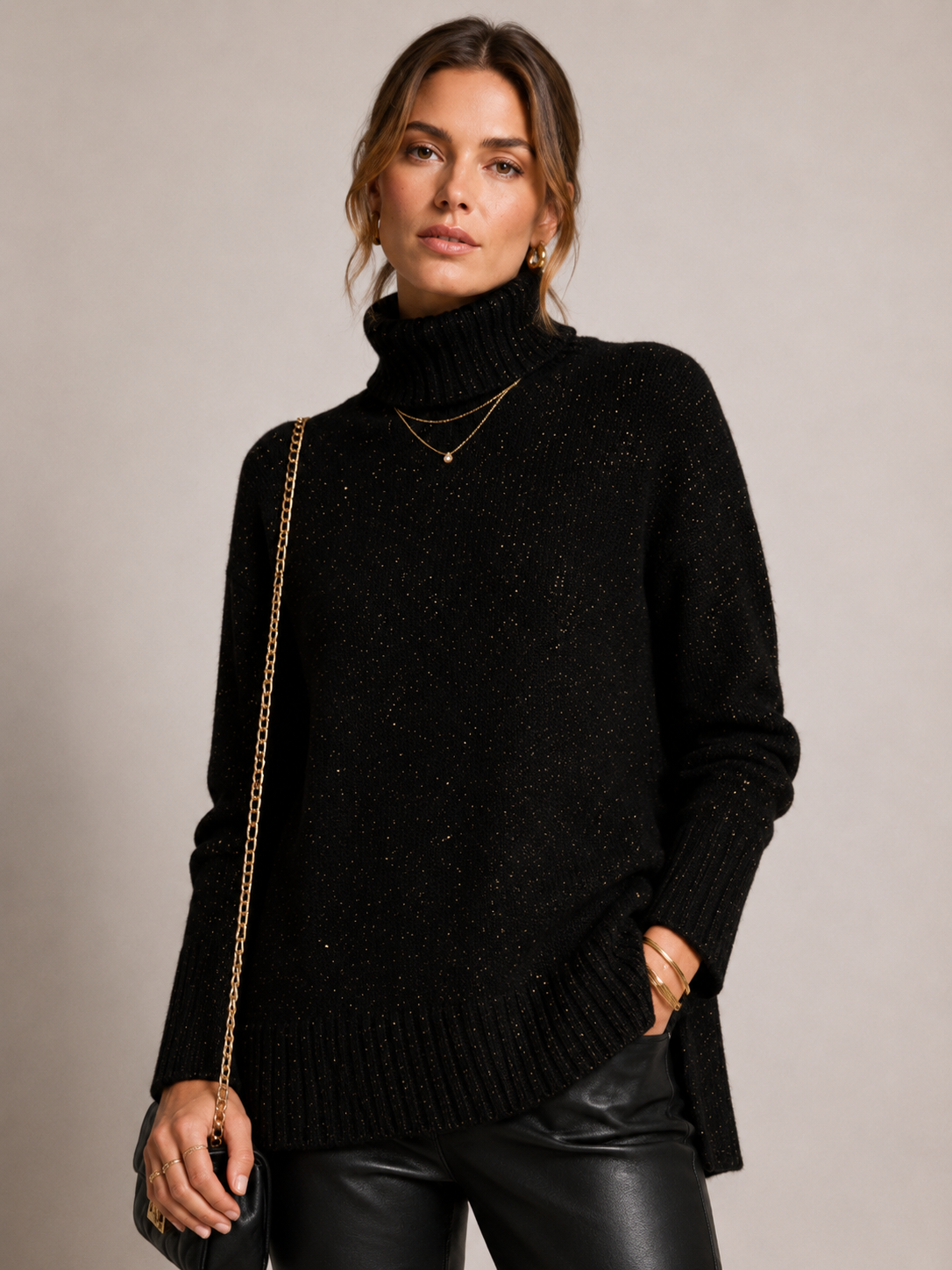 Funkelnde Rollkragenpullover „Glamour“ Schwarz | Gold