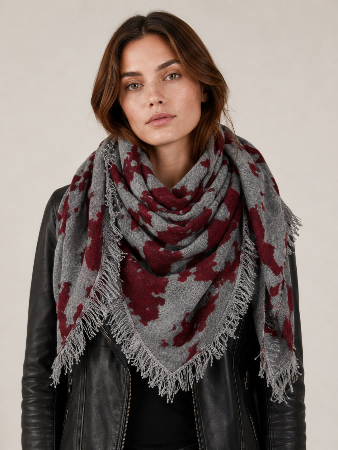 Kaschmir-Viereckstuch „Camouflage“ Melange Grau | Barolo-Rot