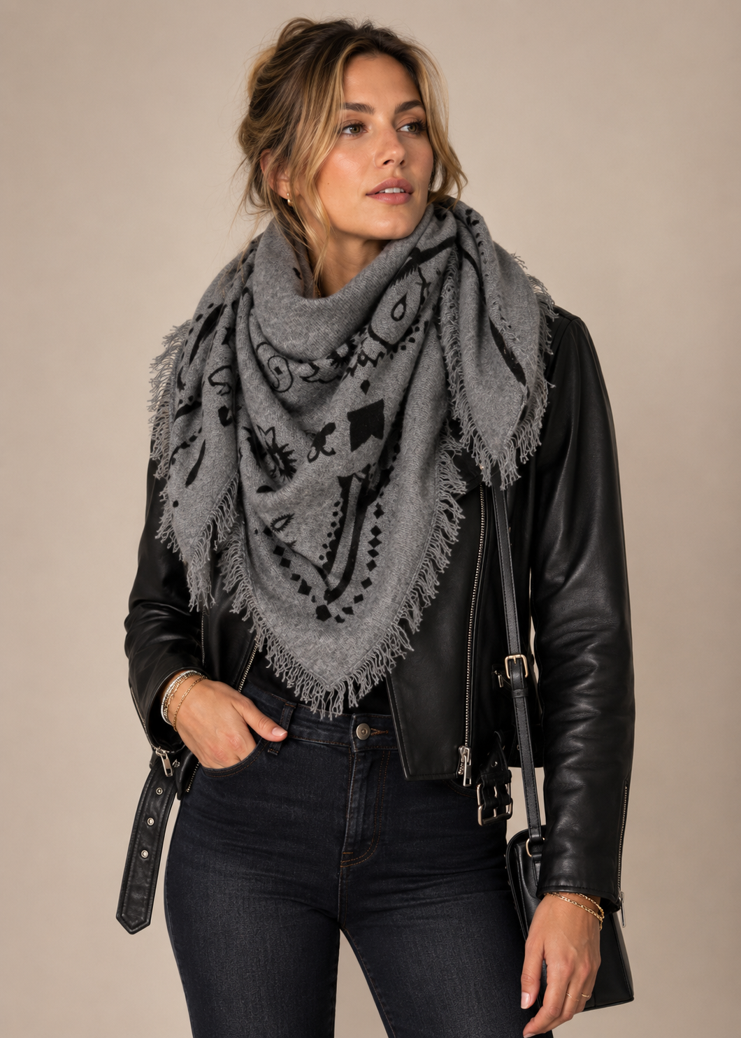 Kaschmir-Viereckstuch „Bandana-/Paisley“ Melange Grau | Schwarz