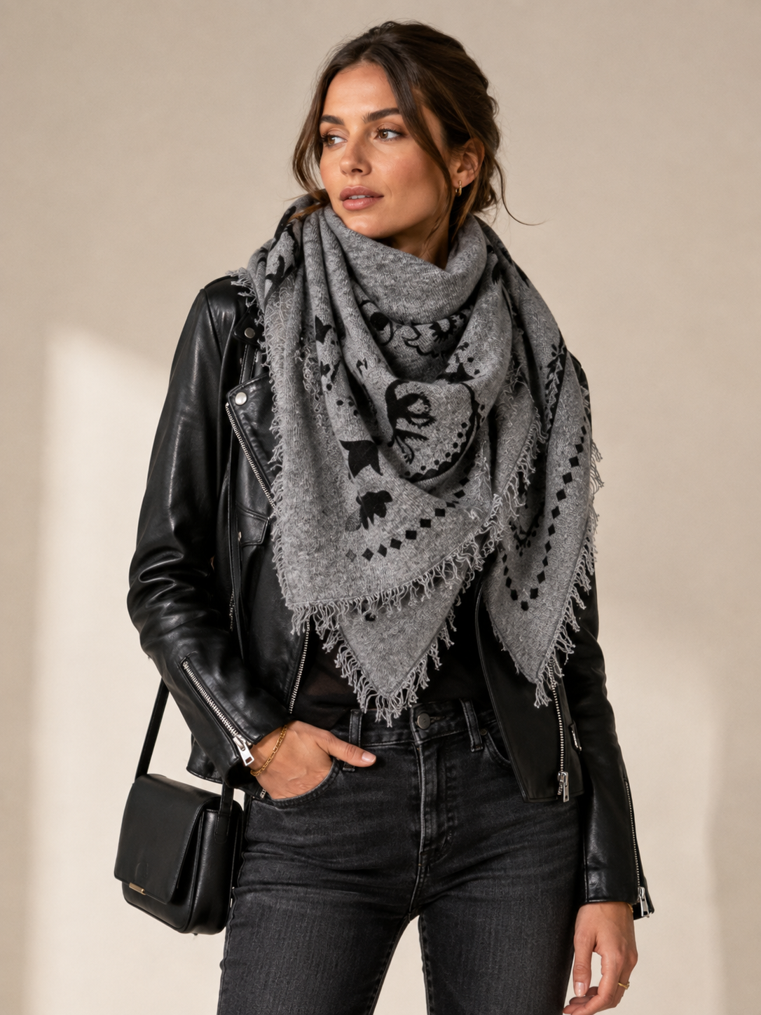 Kaschmir-Viereckstuch „Bandana-/Paisley“ Melange Grau | Schwarz