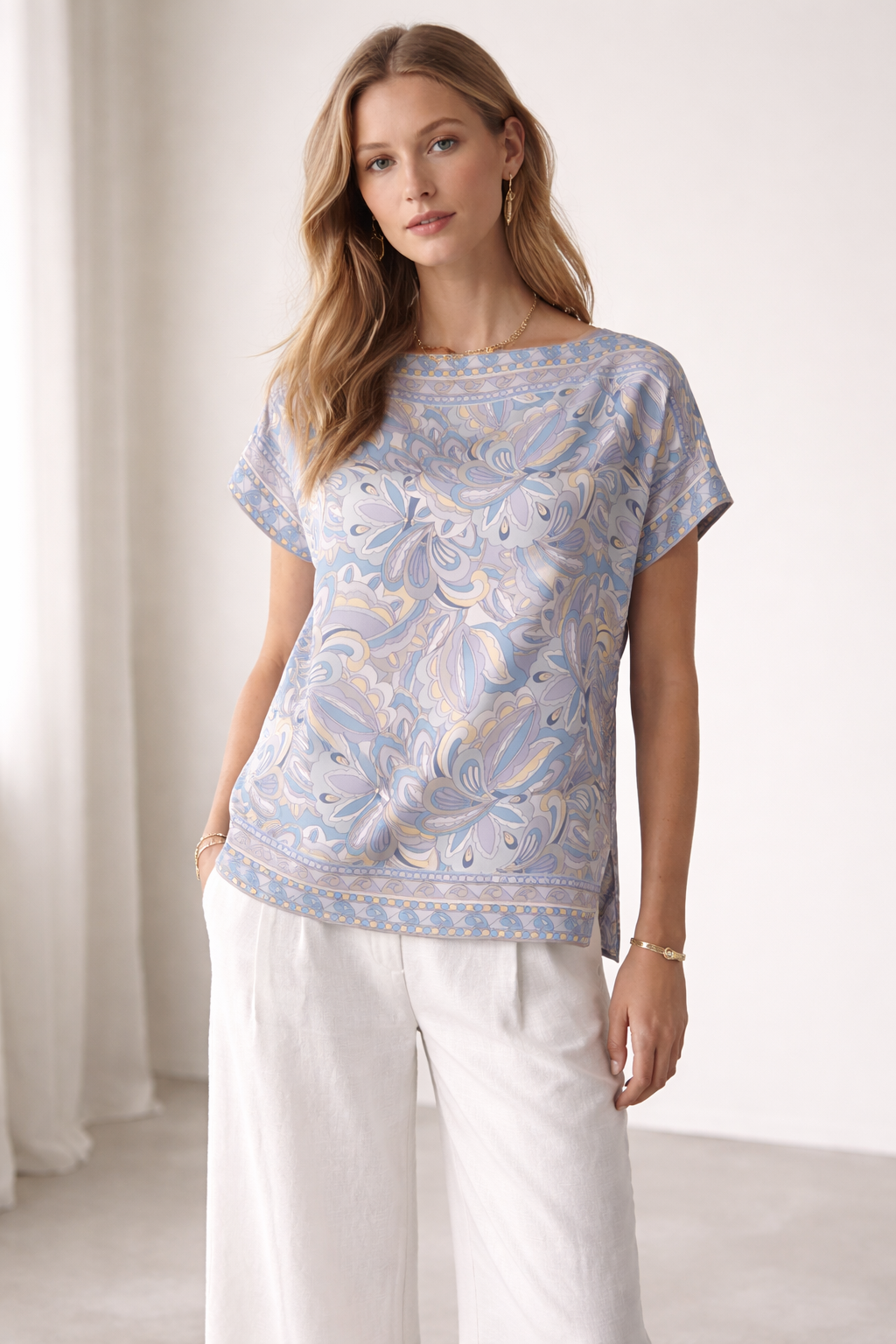 Seidenshirt Blau | Gelb | Weiß