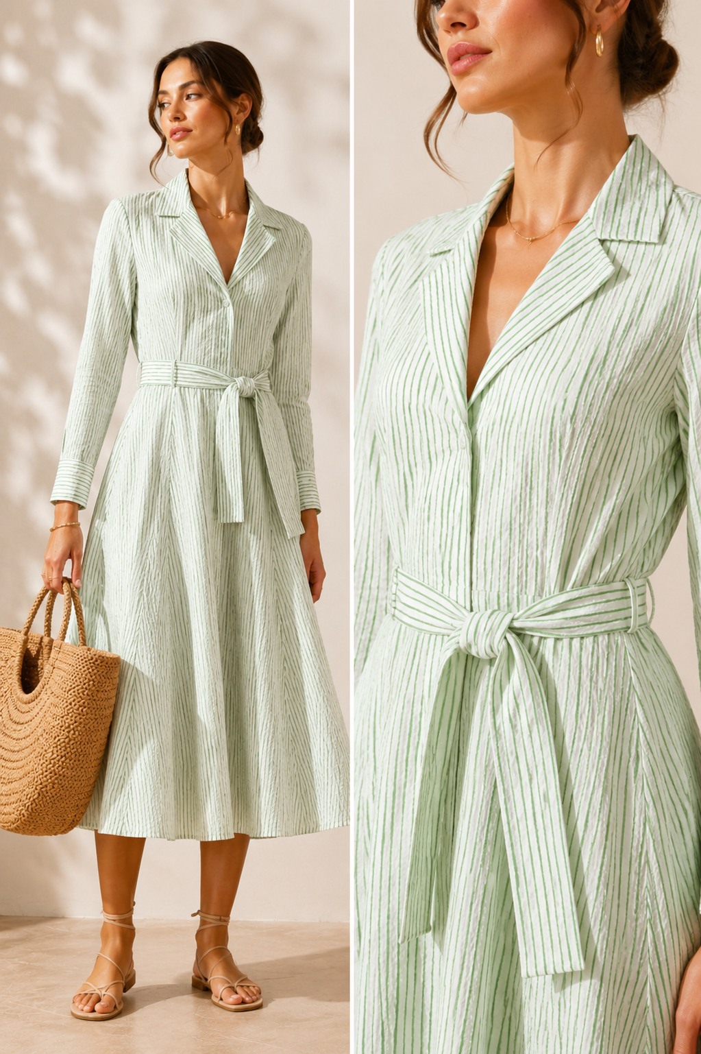 Seersucker-Kleid „Streifenprint“ Grün | Weiß