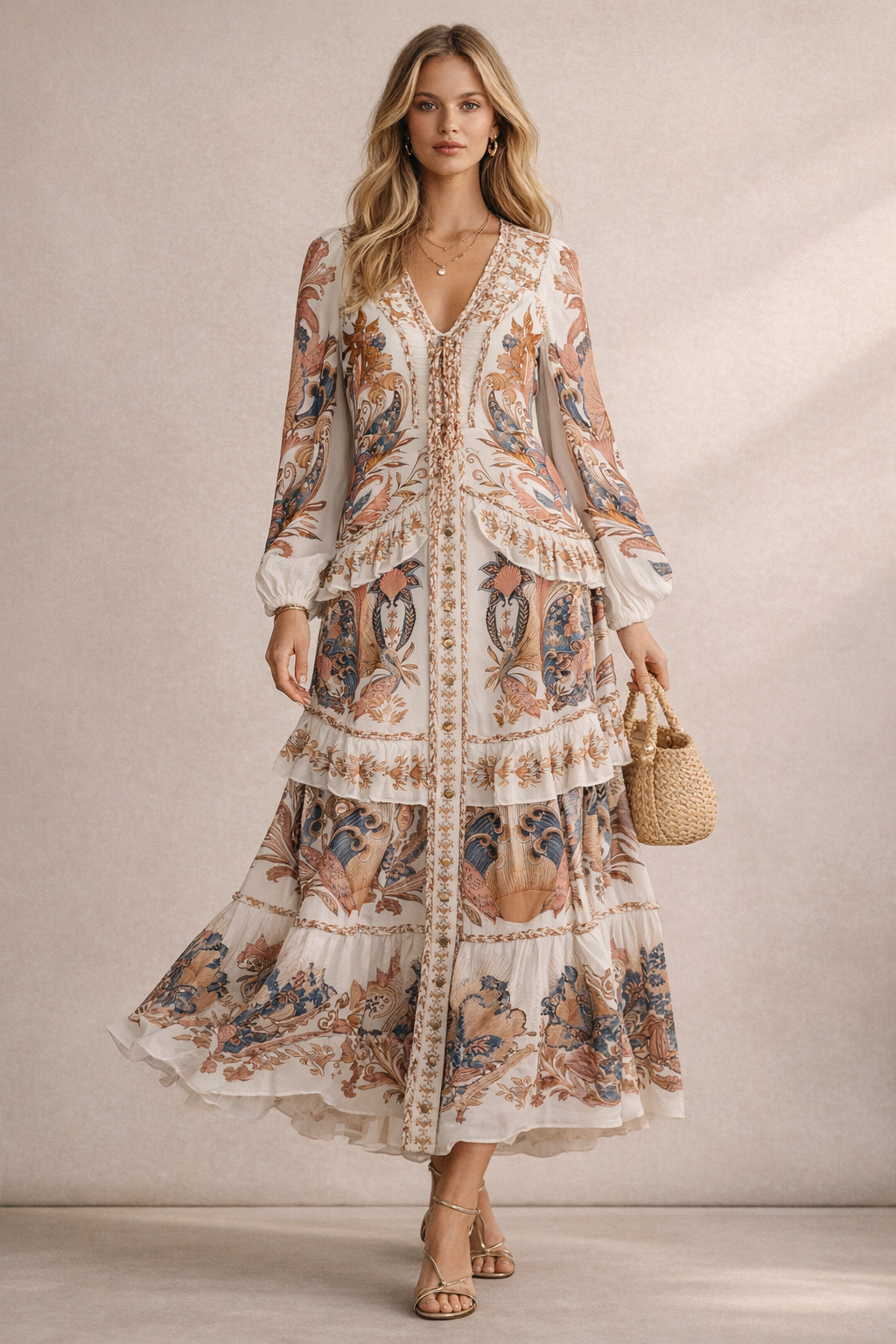 Langes Kleid Creme | Multicolor