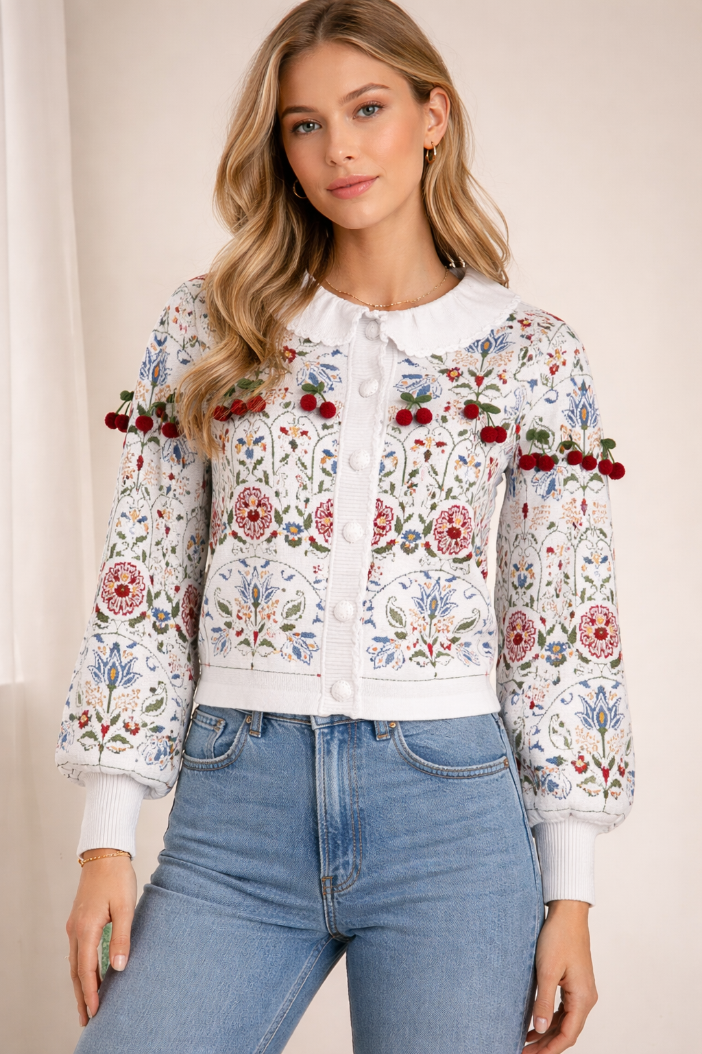 Strickjacke „Kirschen“ Weiß | Multicolor