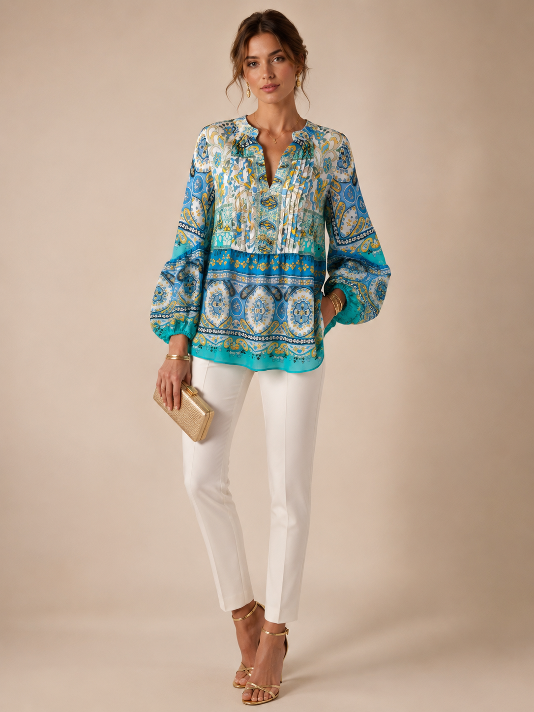 Paisley-Statement-Bluse Blau | Gelb | Weiß