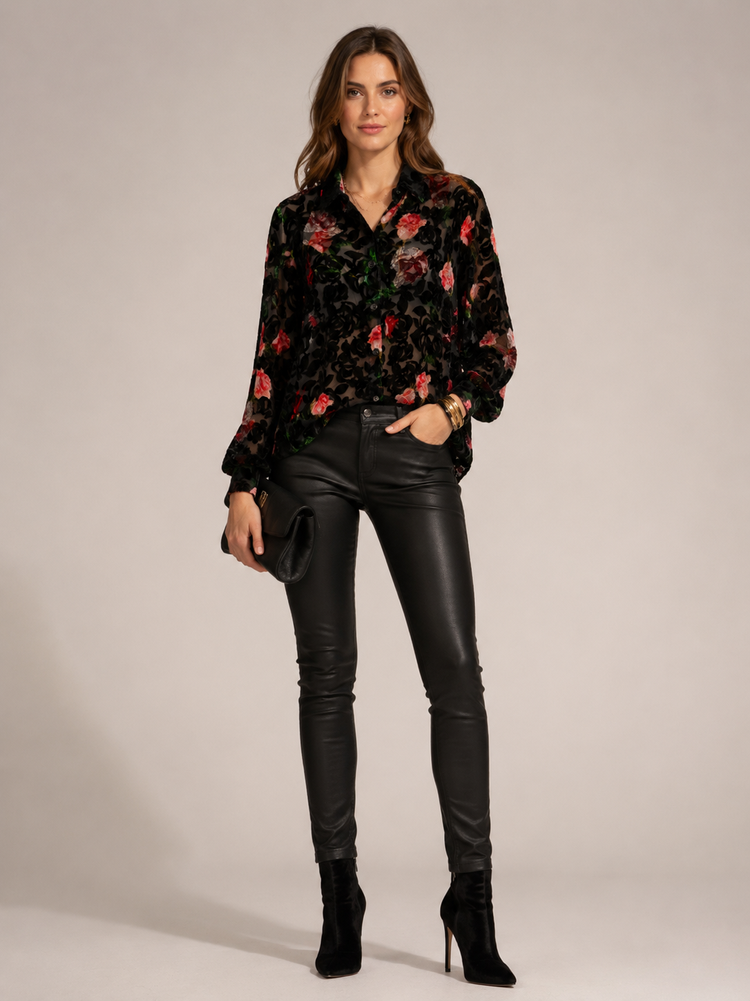Samtausbrenner-Bluse „Floral“ Schwarz | Rot | Grün