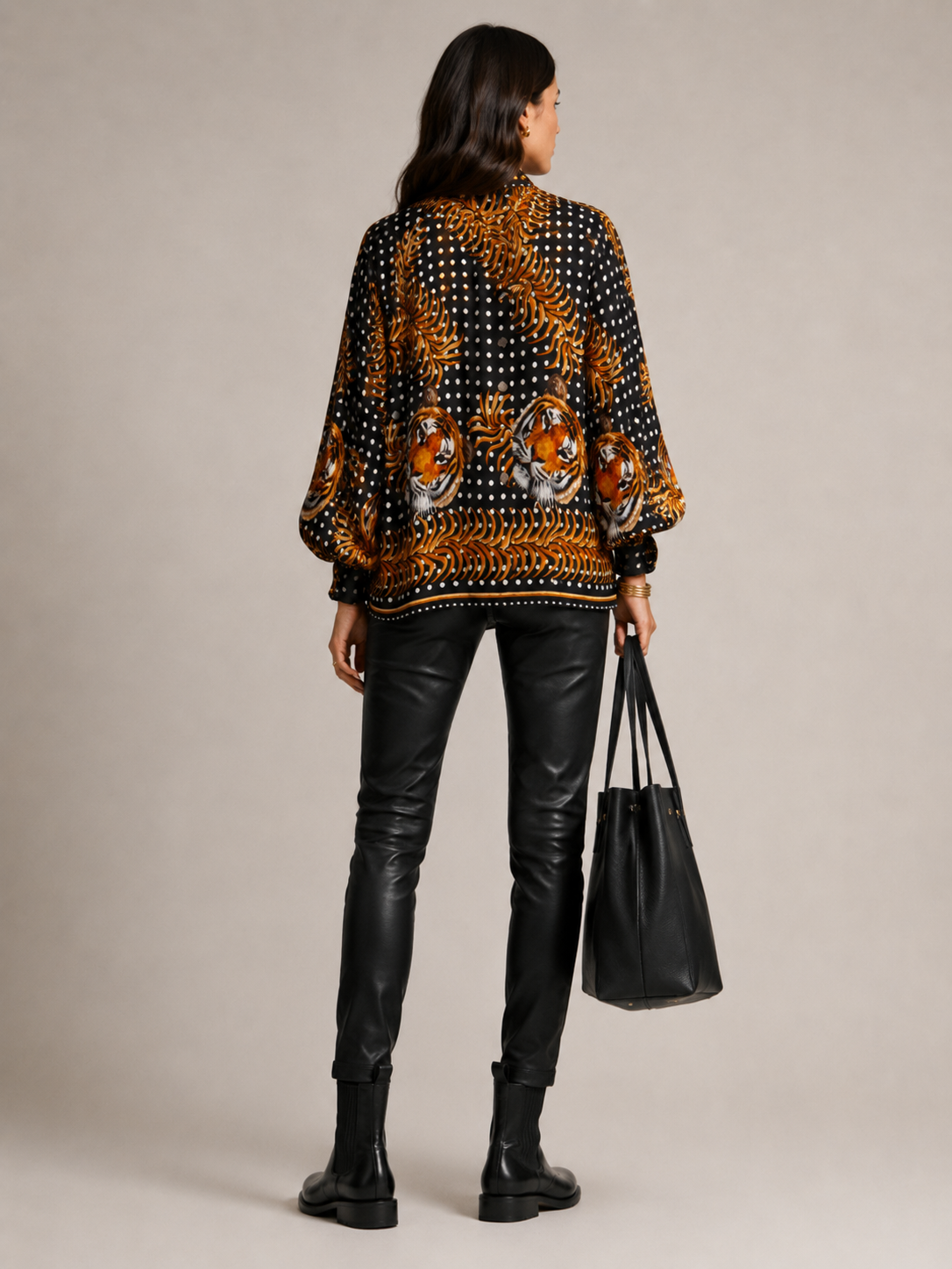 Statement-Bluse „Polka-Dots | Tiger-Motiven“ Schwarz | Multicolor