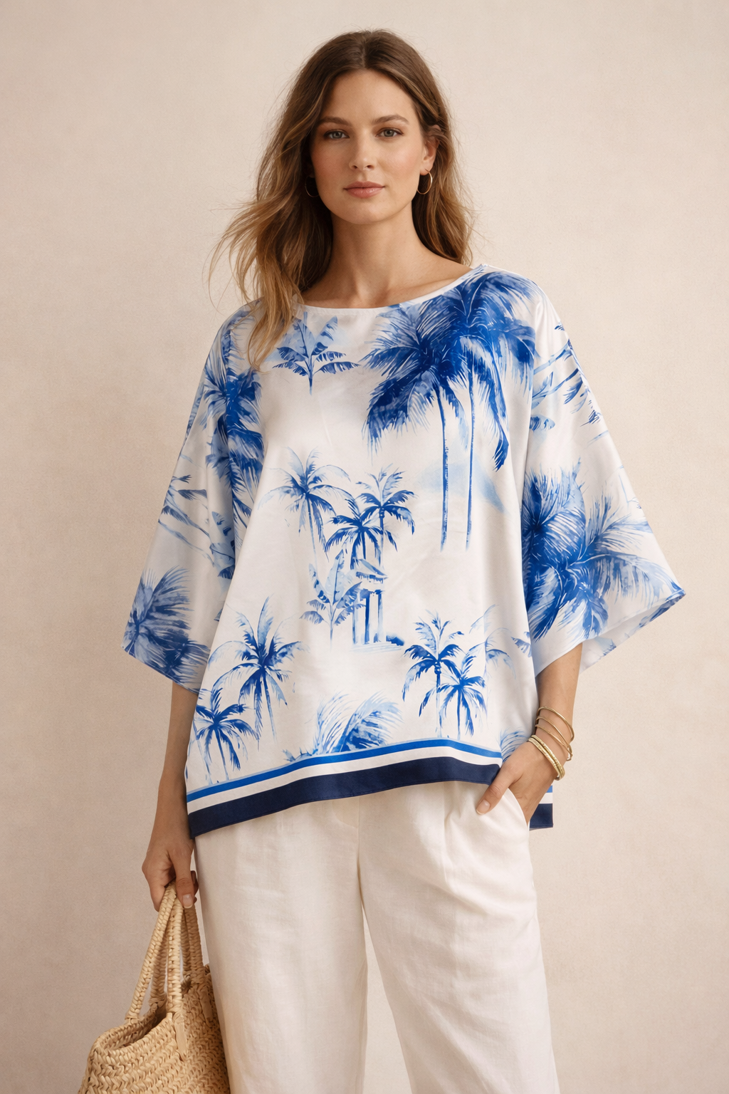 Seiden-Blusenshirt „Palmen“ Weiß | Blau