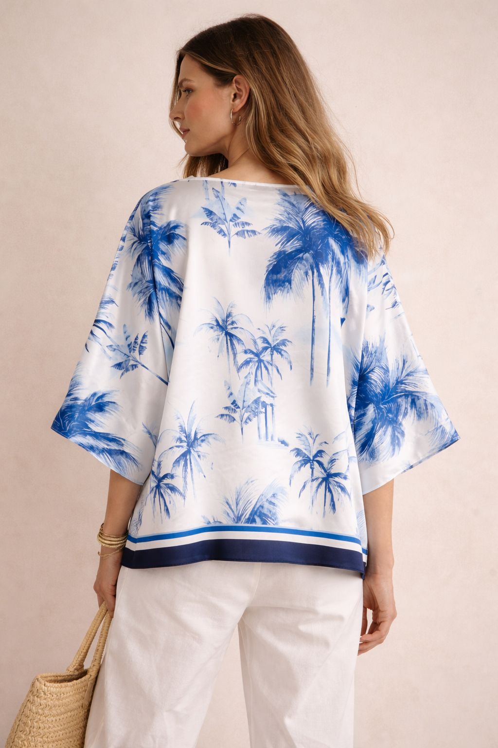 Seiden-Blusenshirt „Palmen“ Weiß | Blau