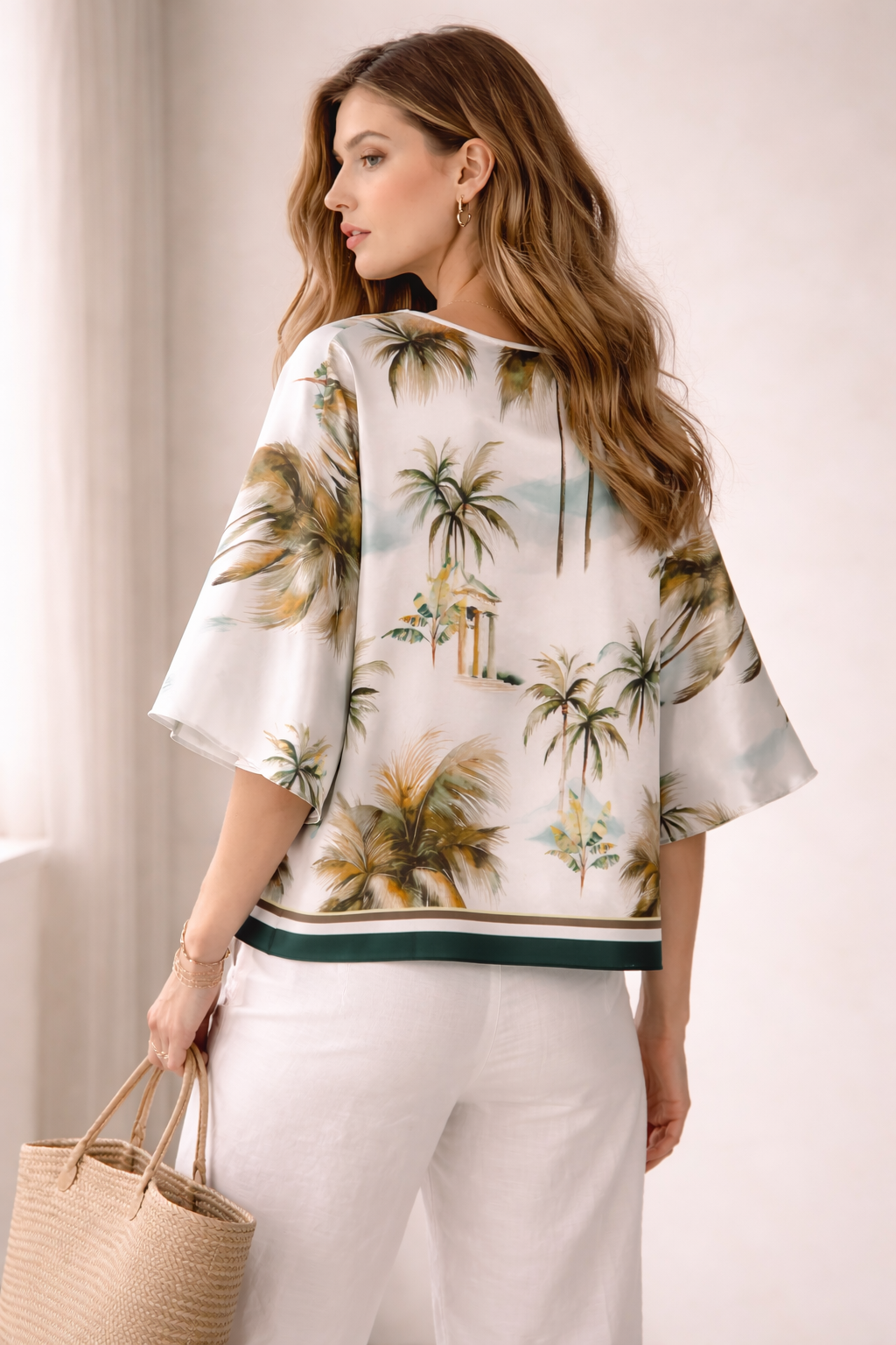 Seiden-Blusenshirt „Palmen“ Grün | Multicolor