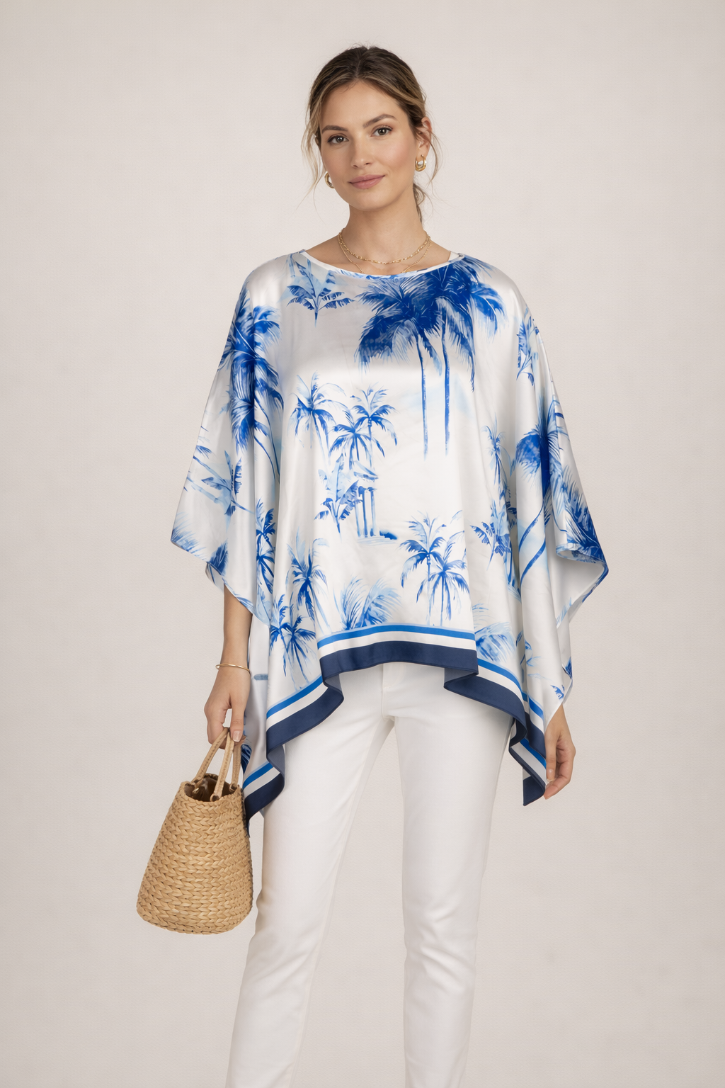 Seiden-Blusenshirt „Palmen“ Weiß | Blau