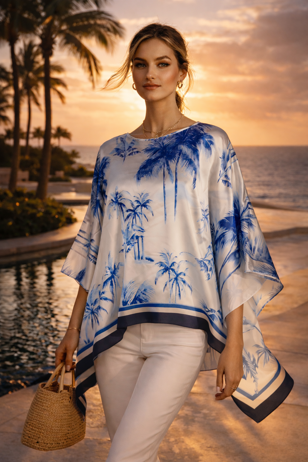 Seiden-Blusenshirt „Palmen“ Weiß | Blau