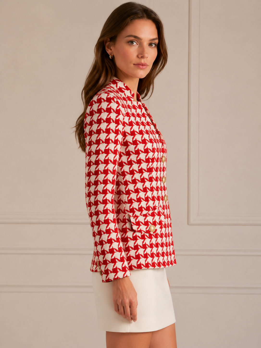 Statement-Jacke „Hahnentrittmuster“ Weiß | Rot