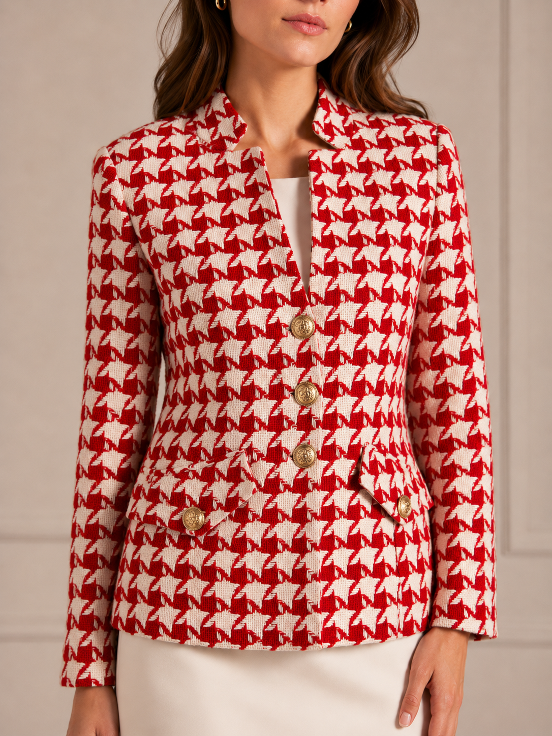Statement-Jacke „Hahnentrittmuster“ Weiß | Rot