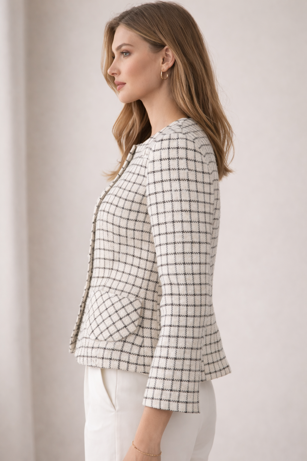 Bouclé-Jacke „Karomuster“ Creme | Schwarz