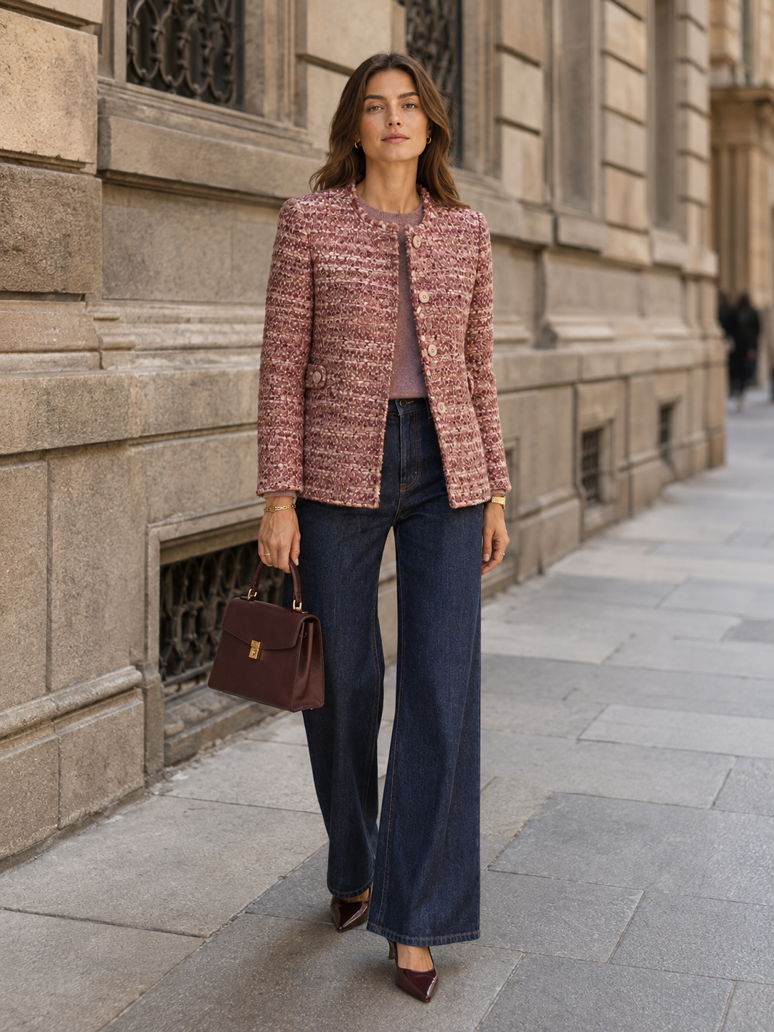 fleur Pariser Chic Bouclé-Jacke Mauve Rosa Multicolor - Outfit-Inspiration